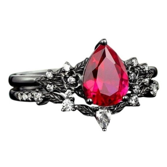 Pear Cut Ruby and Moissanite 2 piece Engagement Wedding Ring Set in Rhodium - Picture 3 of 6